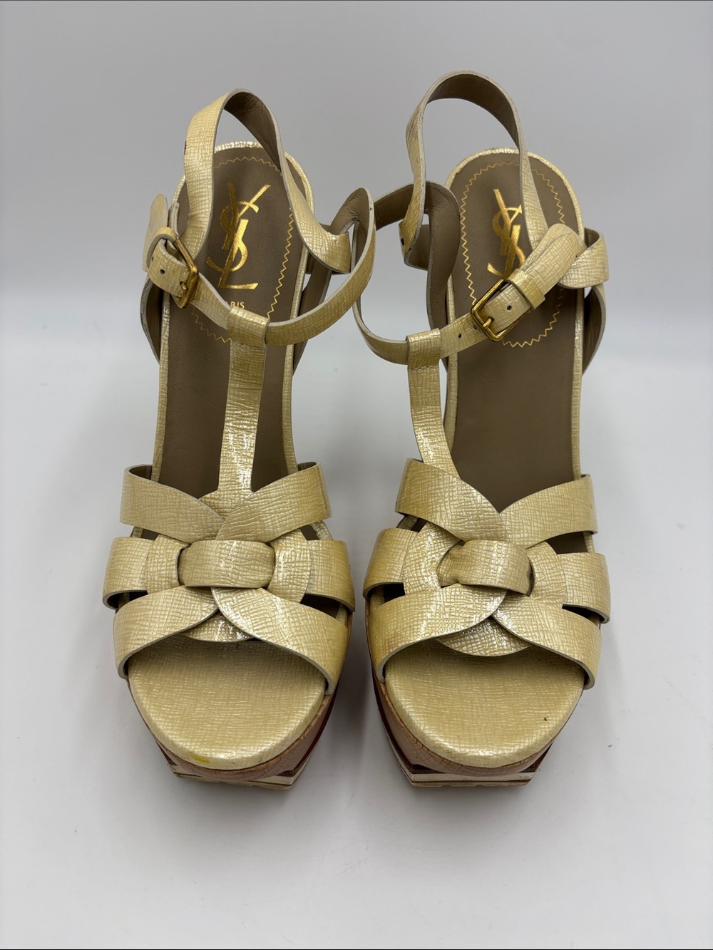 YSL Saint Laurent Metallic Gold Woven Leather Platform Sandals